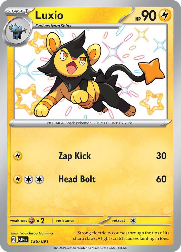 Luxio 136/091 card from SV: Paldean Fates