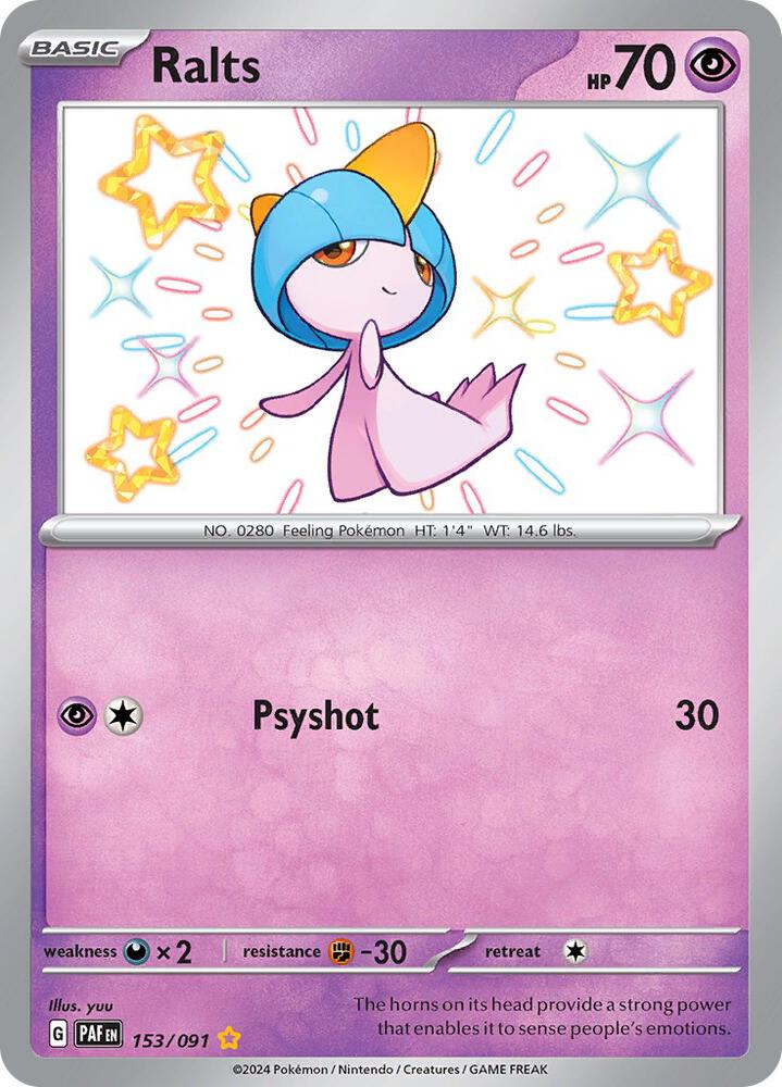 Ralts 153/091 card from SV: Paldean Fates