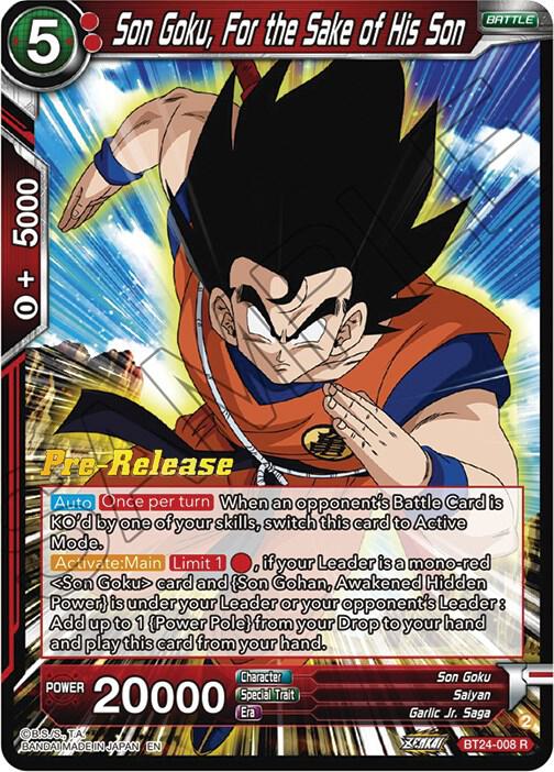 Son Goku, For the Sake of His Son BT24-008 card from Beyond Generations Pre-Release Cards