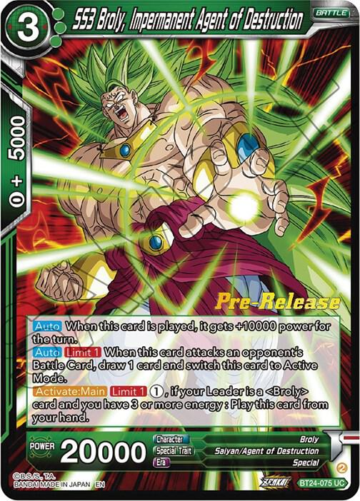 SS3 Broly, Impermanent Agent of Destruction BT24-075 card from Beyond Generations Pre-Release Cards