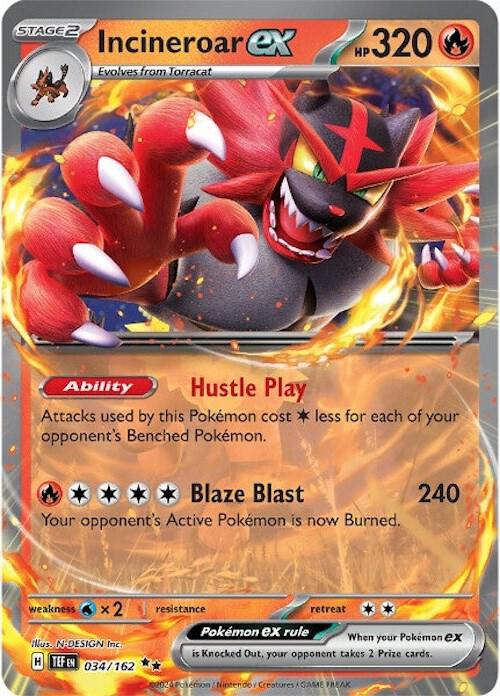 Incineroar ex 034/162 card from SV05: Temporal Forces