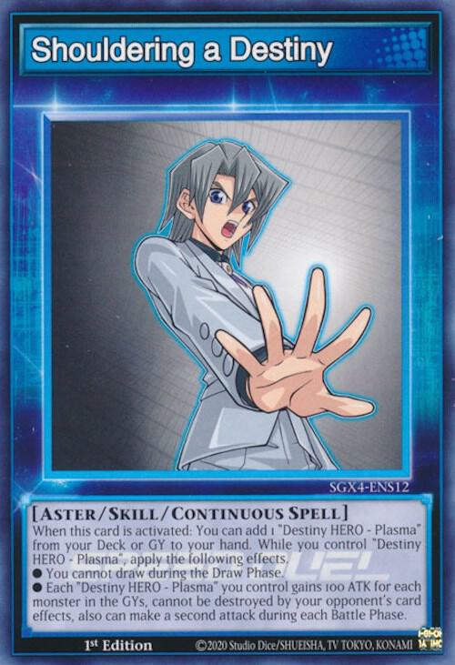 Shouldering a Destiny SGX4-ENS12 card from Speed Duel GX: Midterm Destruction