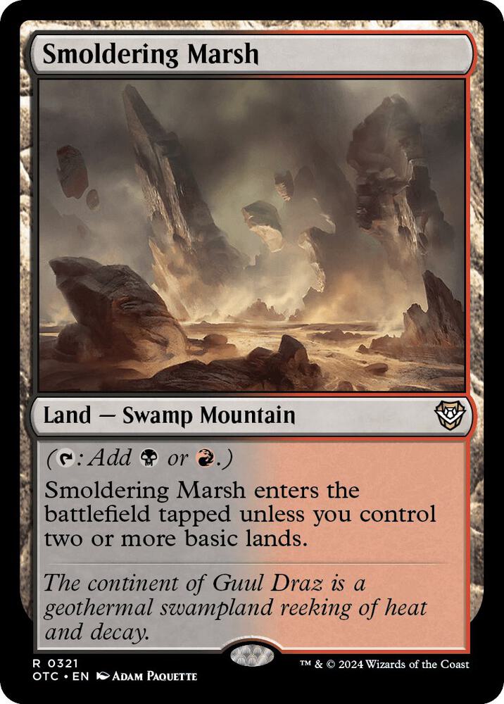Smoldering Marsh 321 card from Commander: Outlaws of Thunder Junction