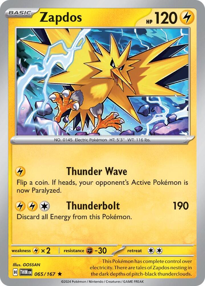 Zapdos 065/167 card from SV06: Twilight Masquerade