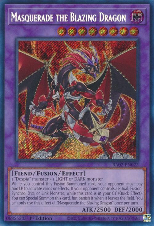 Masquerade the Blazing Dragon (Secret Rare) RA02-EN022 card from 25th Anniversary Rarity Collection II