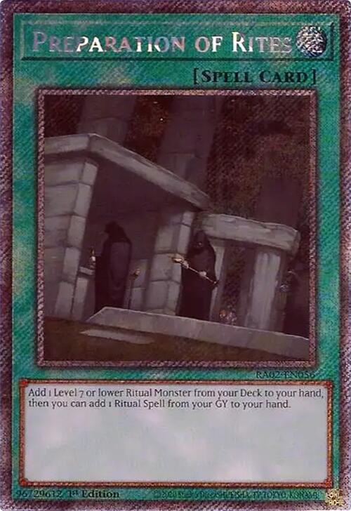 Preparation of Rites (Platinum Secret Rare) RA02-EN056 card from 25th Anniversary Rarity Collection II