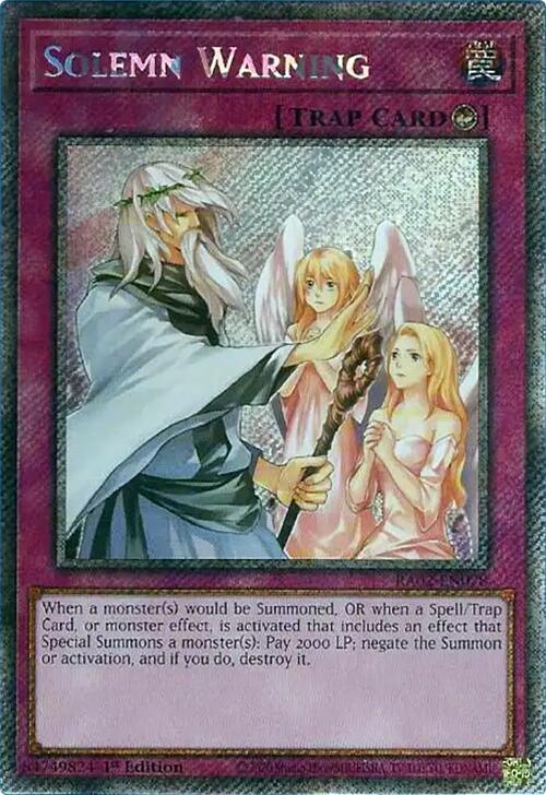 Solemn Warning (Platinum Secret Rare) RA02-EN078 card from 25th Anniversary Rarity Collection II