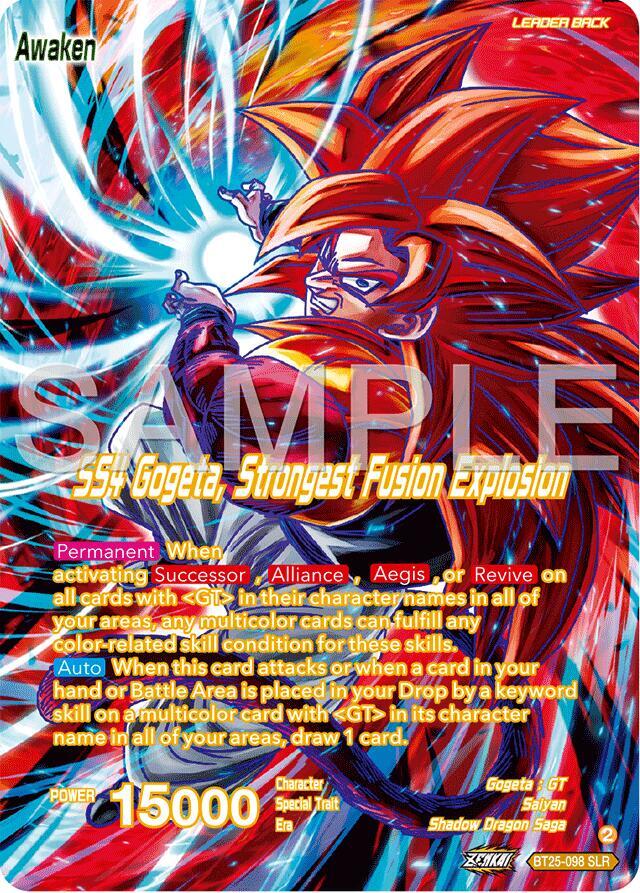 SS4 Son Goku & SS4 Vegeta // SS4 Gogeta, Strongest Fusion Explosion (SLR) BT25-098 card from Legend of the Dragon Balls