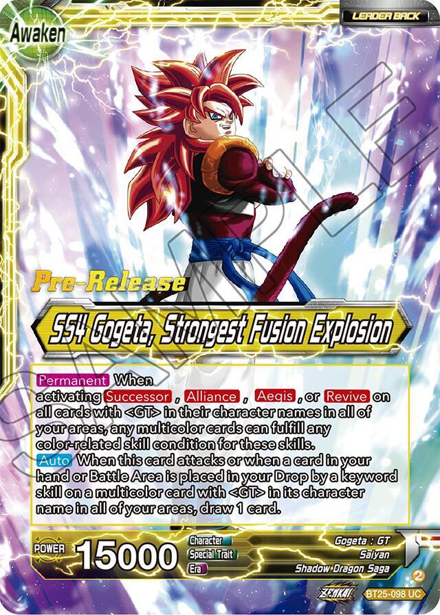 SS4 Son Goku & SS4 Vegeta // SS4 Gogeta, Strongest Fusion Explosion BT25-098 card from Legend of the Dragon Balls Pre-Release Cards