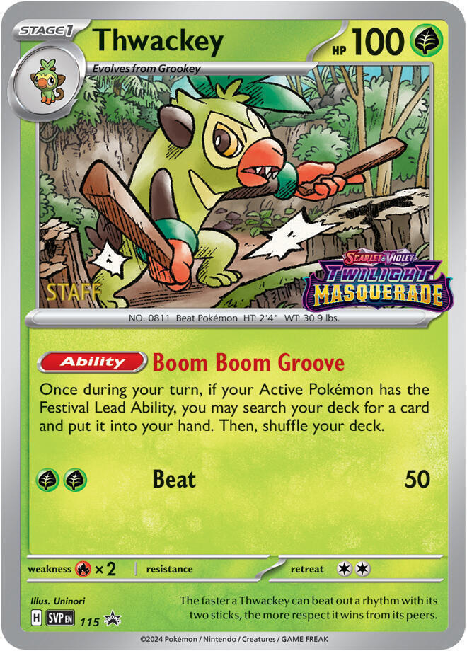 Thwackey (Prerelease) [Staff] 115 card from SV: Scarlet & Violet Promo Cards