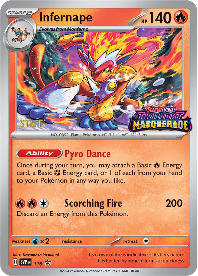 Infernape (Prerelease) [Staff] 116 card from SV: Scarlet & Violet Promo Cards