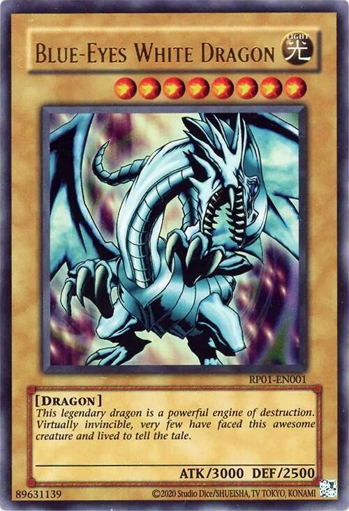 Blue-Eyes White Dragon RP01-EN001 card from Retro Pack (2020 Date Reprint)