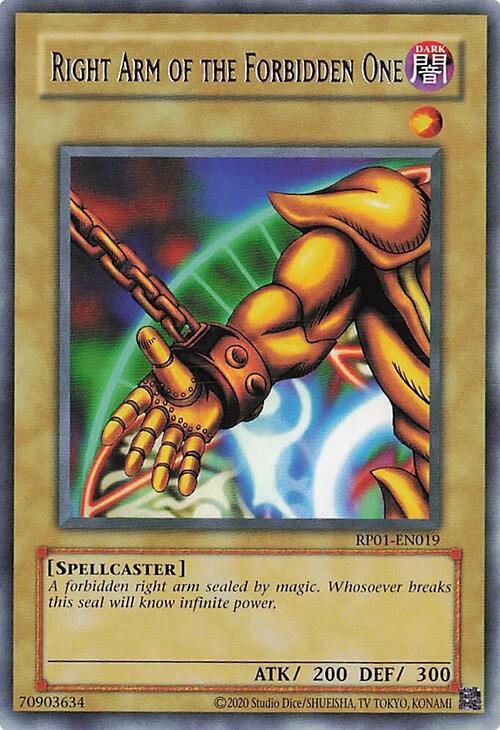 Right Arm of the Forbidden One RP01-EN019 card from Retro Pack (2020 Date Reprint)