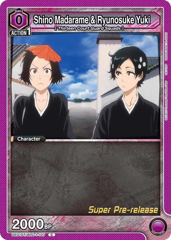 Shino Madarame & Ryunosuke Yuki UE01ST/BLC-1-107 card from UE01ST: BLEACH: Thousand-Year Blood War Super Pre-Release Starter Deck