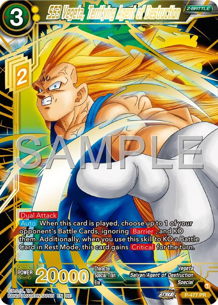 SS3 Vegeta, Terrifying Agent of Destruction (Reprint) P-477 card from Expansion Deck Box Set 24: Premium 7th Anniversary Box 2024