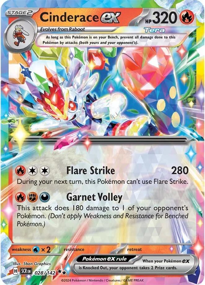 Cinderace ex 028/142 card from SV07: Stellar Crown