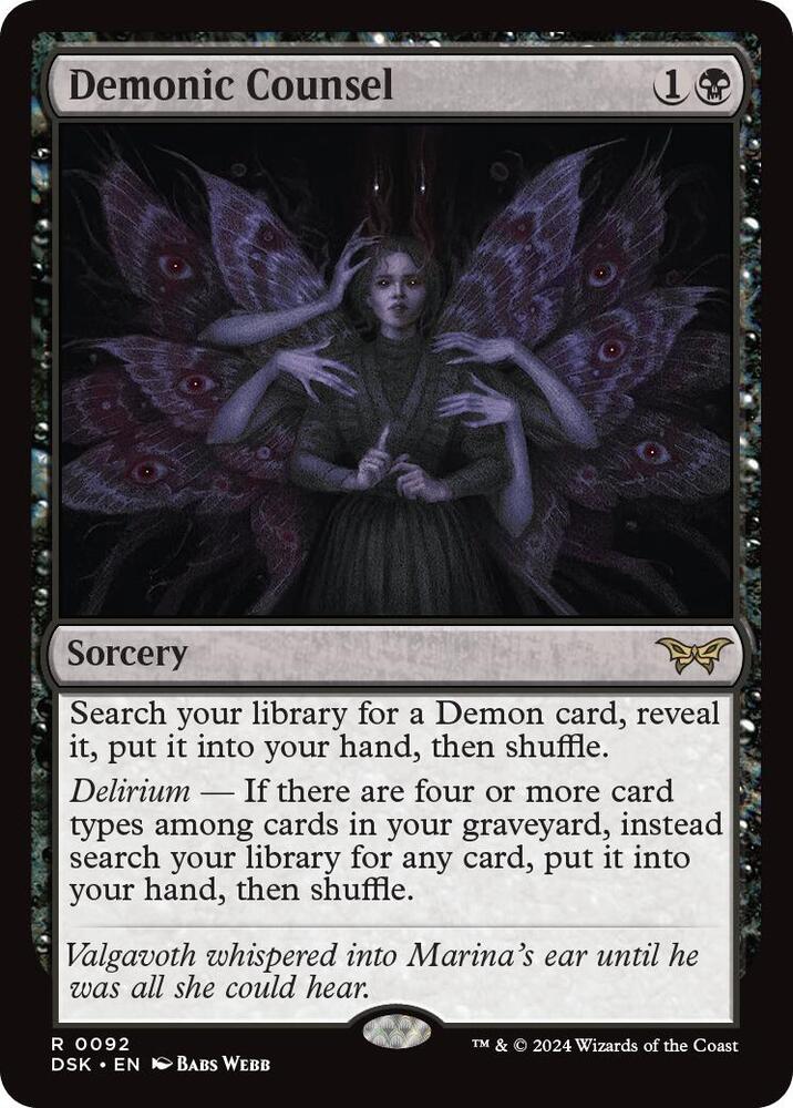 Demonic Counsel 92 card from Duskmourn: House of Horror