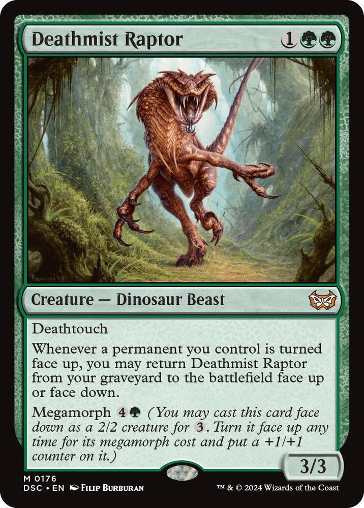 Deathmist Raptor 176 card from Commander: Duskmourn: House of Horror
