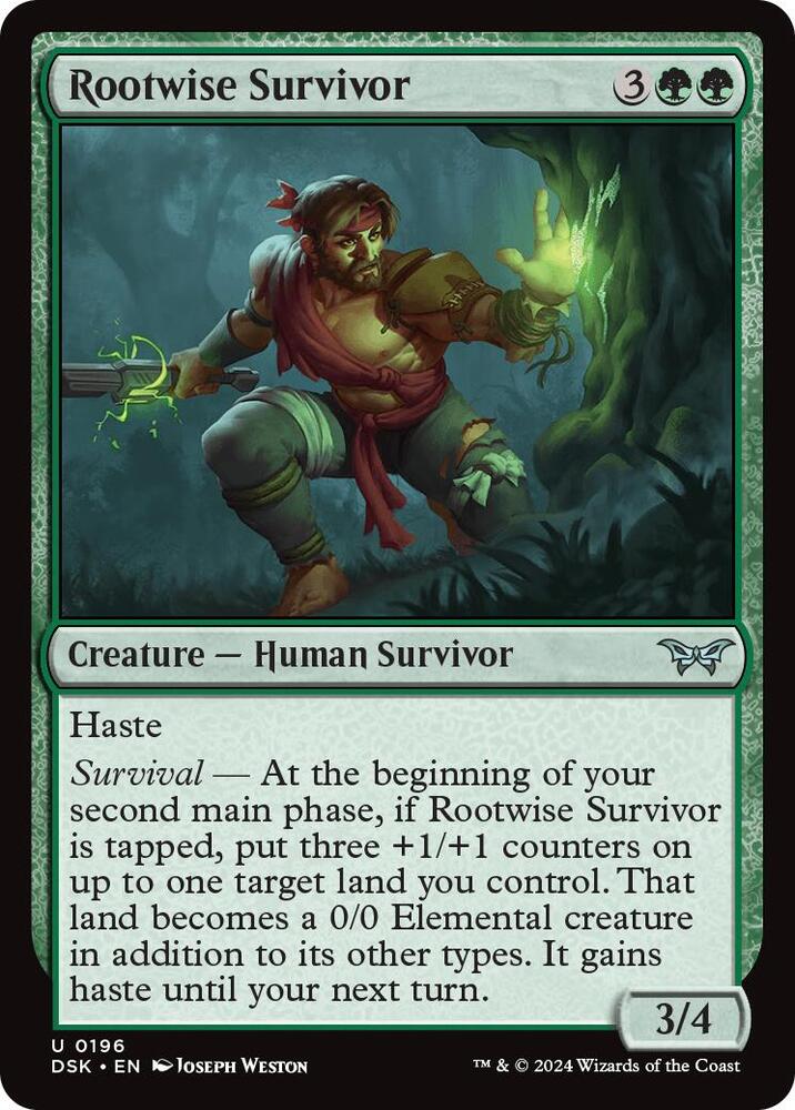 Rootwise Survivor 196 card from Duskmourn: House of Horror