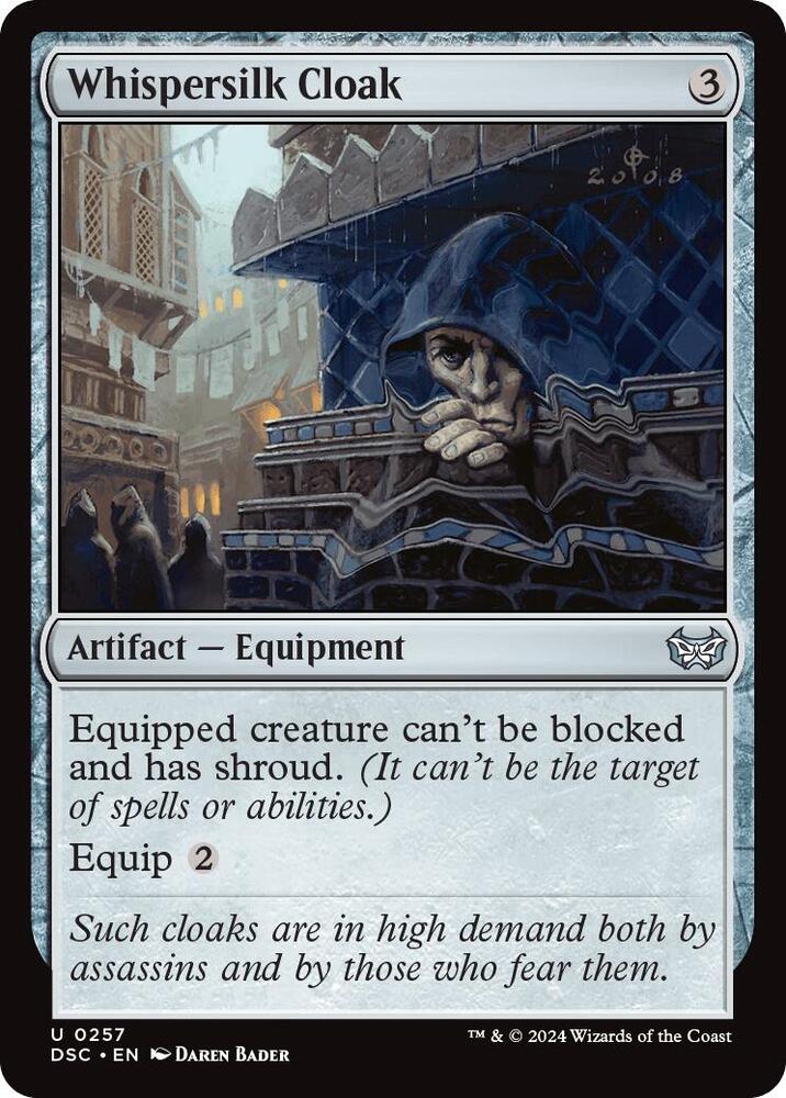Whispersilk Cloak 257 card from Commander: Duskmourn: House of Horror
