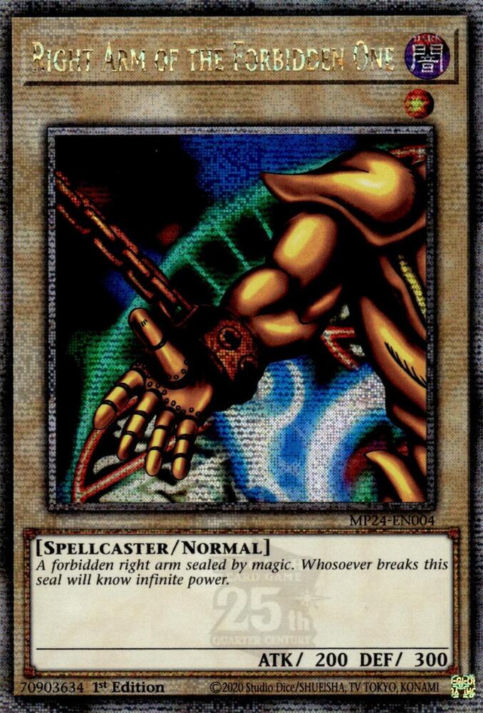 Right Arm of the Forbidden One (Quarter Century Secret Rare) MP24-EN004 card from 25th Anniversary Tin: Dueling Mirrors