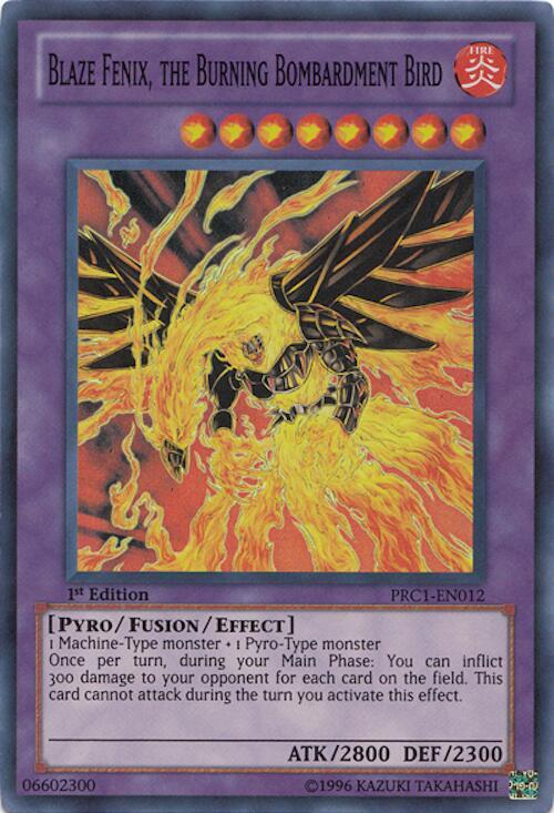 Blaze Fenix, the Burning Bombardment Bird PRC1-EN012 card from 2012 Premium Collection Tin