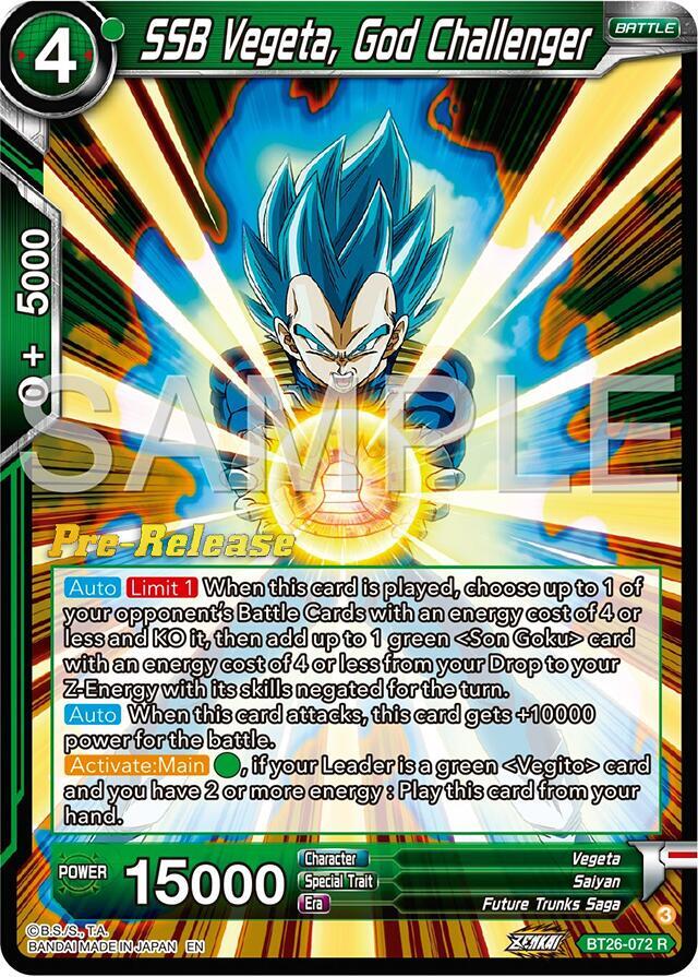 SSB Vegeta, God Challenger BT26-072 card from Ultimate Advent Pre-Release Cards
