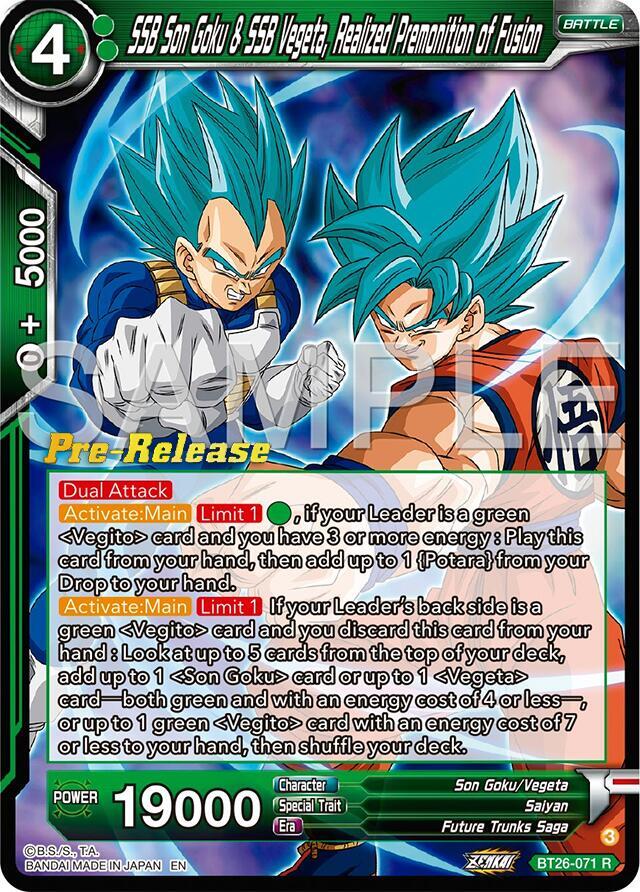 SSB Son Goku & SSB Vegeta, Realized Premonition of Fusion BT26-071 card from Ultimate Advent Pre-Release Cards