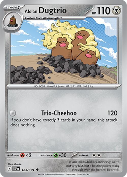 Alolan Dugtrio 123/191 card from SV08: Surging Sparks