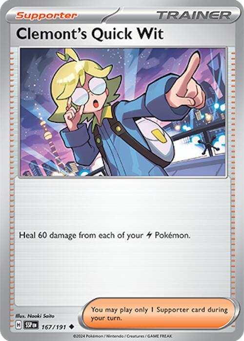 Clemont's Quick Wit 167/191 card from SV08: Surging Sparks