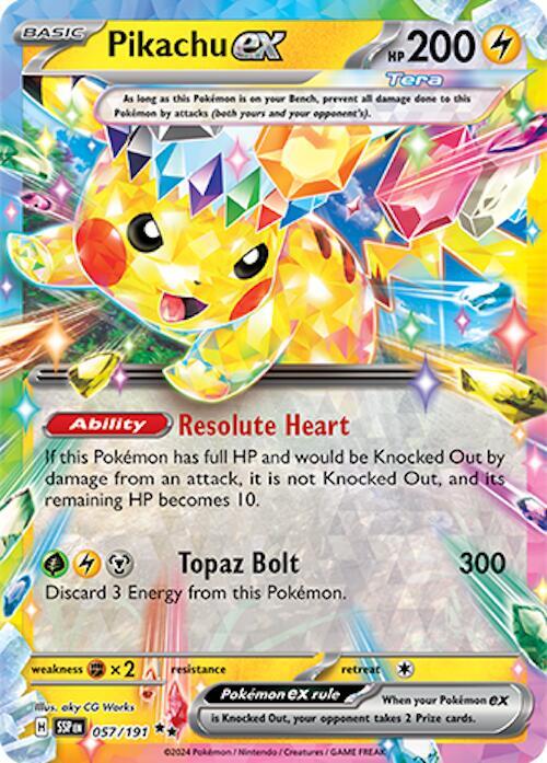 Pikachu ex 057/191 card from SV08: Surging Sparks