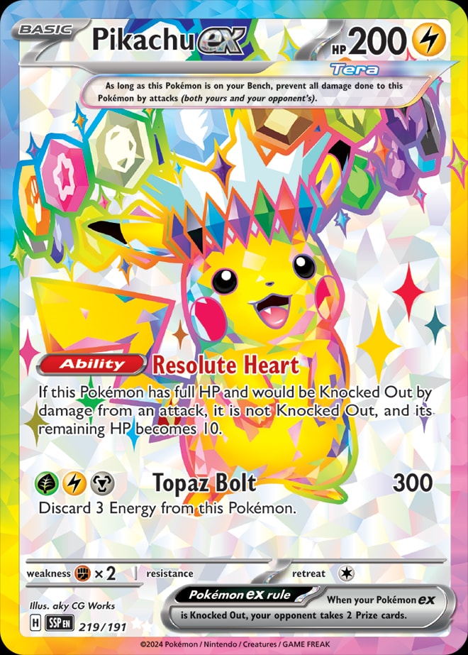 Pikachu ex 219/191 card from SV08: Surging Sparks