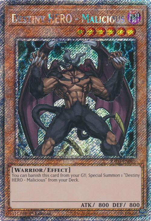 Destiny HERO - Malicious (Platinum Secret Rare) RA03-EN001 card from Quarter Century Bonanza