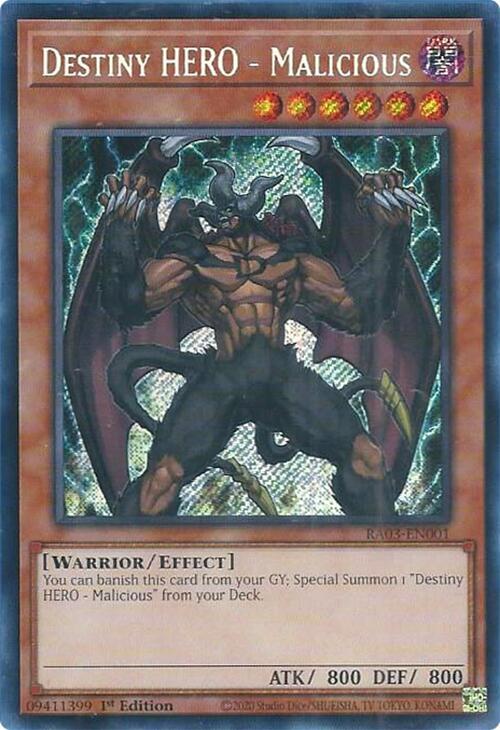 Destiny HERO - Malicious (Secret Rare) RA03-EN001 card from Quarter Century Bonanza