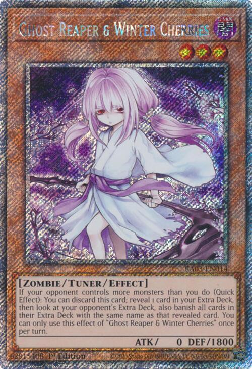 Ghost Reaper & Winter Cherries (Alternate Art) (Platinum Secret Rare) RA03-EN014 card from Quarter Century Bonanza