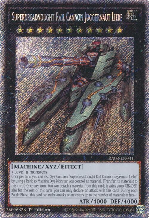Superdreadnought Rail Cannon Juggernaut Liebe (Platinum Secret Rare) RA03-EN041 card from Quarter Century Bonanza