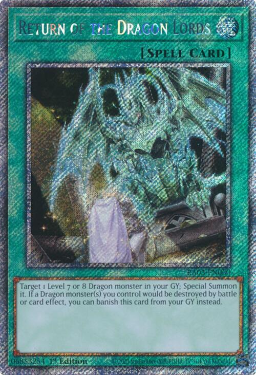 Return of the Dragon Lords (Platinum Secret Rare) RA03-EN060 card from Quarter Century Bonanza