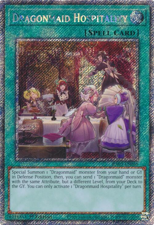 Dragonmaid Hospitality (Platinum Secret Rare) RA03-EN068 card from Quarter Century Bonanza