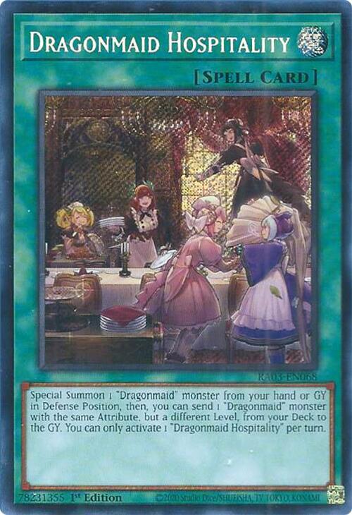 Dragonmaid Hospitality (Secret Rare) RA03-EN068 card from Quarter Century Bonanza