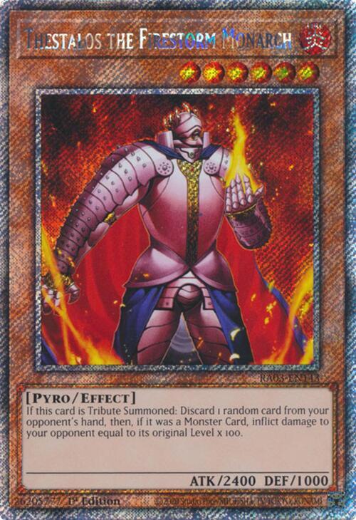 Thestalos the Firestorm Monarch (Platinum Secret Rare) RA03-EN143 card from Quarter Century Bonanza