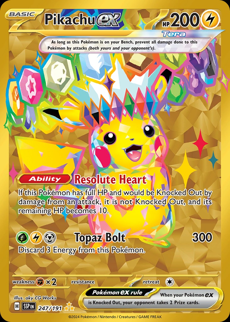 Pikachu ex 247/191 card from SV08: Surging Sparks