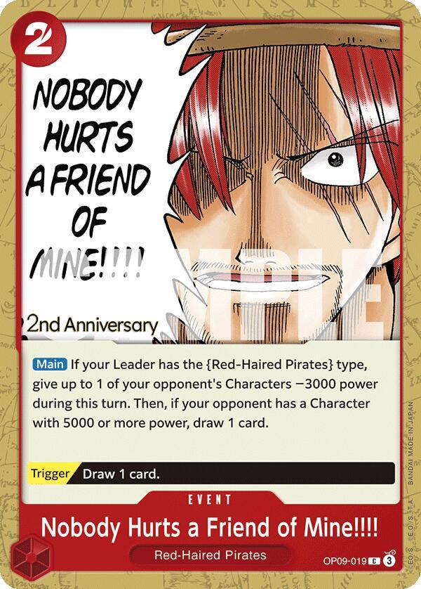 Nobody Hurts a Friend of Mine!!!! OP09-019 card from Emperors in the New World: 2nd Anniversary Tournament Cards
