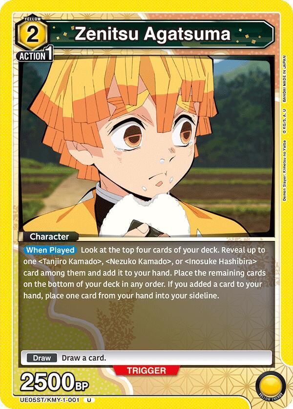 Zenitsu Agatsuma UE05ST/KMY-1-001 card from UE05ST: Demon Slayer: Kimetsu no Yaiba Starter Deck
