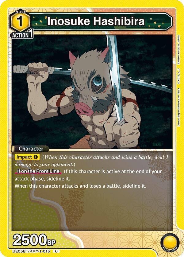 Inosuke Hashibira UE05BT/KMY-1-015 card from UE05BT: Demon Slayer: Kimetsu no Yaiba