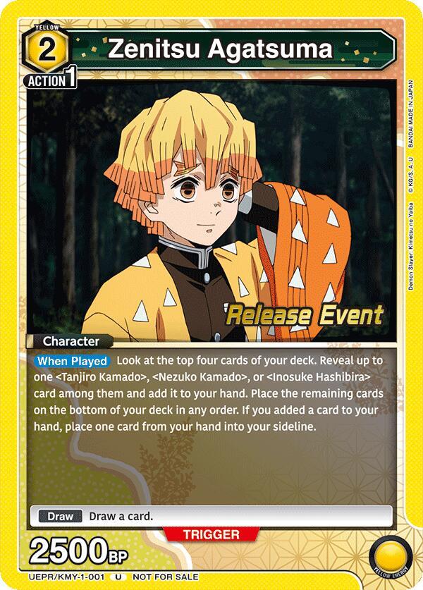Zenitsu Agatsuma UEPR/KMY-1-001 card from UE05BT: Demon Slayer: Kimetsu no Yaiba Release Event Cards