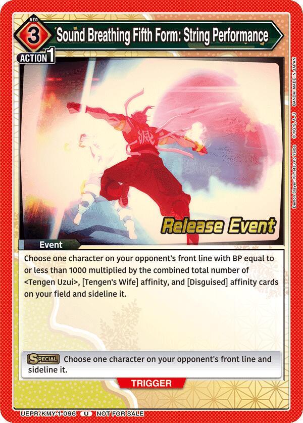 Sound Breathing Fifth Form: String Performance UEPR/KMY-1-096 card from UE05BT: Demon Slayer: Kimetsu no Yaiba Release Event Cards