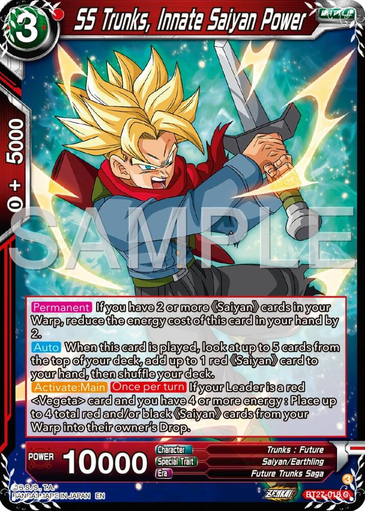SS Trunks, Innate Saiyan Power BT27-018 card from History of Z