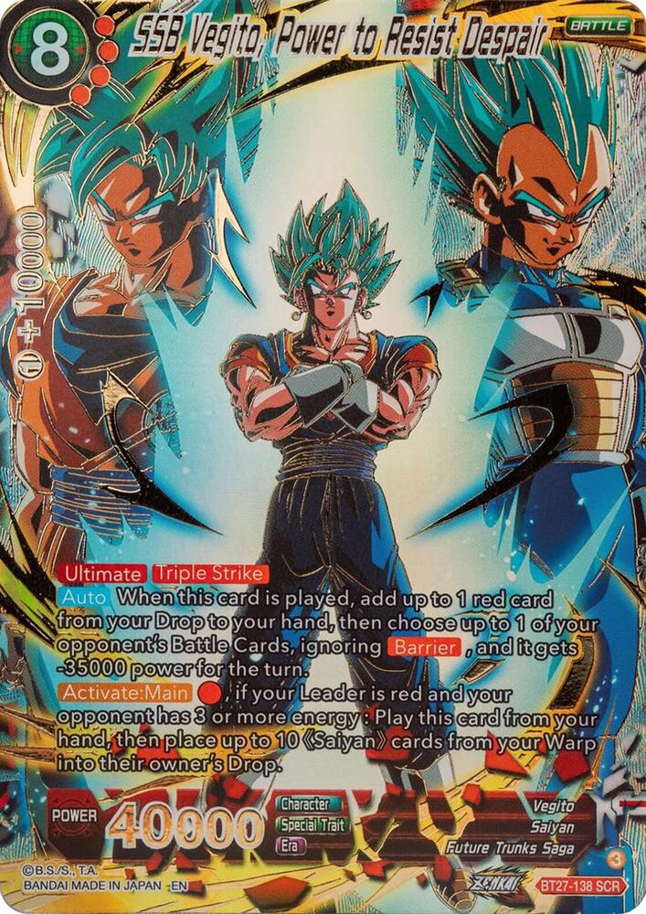 SSB Vegito, Power to Resist Despair BT27-138 card from History of Z