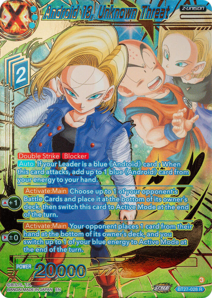 Android 18, Unknown Threat (Gold-Stamped) BT27-028 card from History of Z