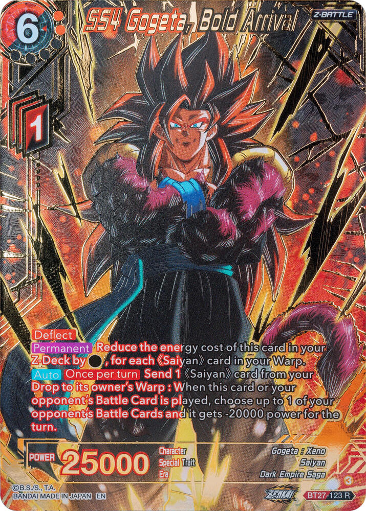 SS4 Gogeta, Bold Arrival (Gold-Stamped) BT27-123 card from History of Z